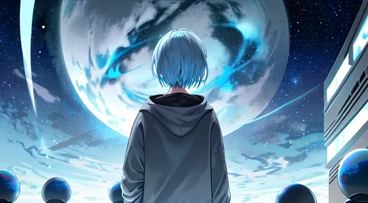 girl　Light blue hair　blue eyes　A back view of a man wearing a grey sweatshirt looking up at the night sky　Reminiscent of outer space　Floating planet