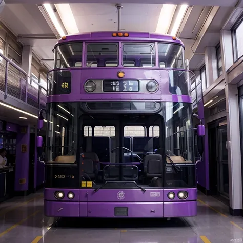 Make a futuristic purple 2-decker bus