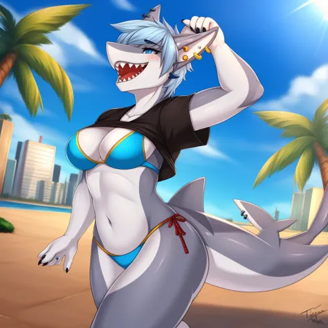 anthropology, shark, Marine, blue-gray skin, white belly, white jaw, light blue hair, light blue eyes, shark tail, Tail piercing, wearing a white bikini, curved shape:0.8, Ear piercing, female, About sports, Two tone hair, laugh, shark teeth, alone, (shirt...