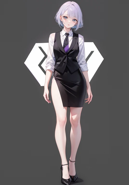 ((Perfect Face)),Purple Hair,short hair,1 female,bartender,,Black vest,tie,skirt,slit,High heels,,((Simple light color background)),((smile)),((Full Body)),((full body)),Portraiture,virtual,upright,