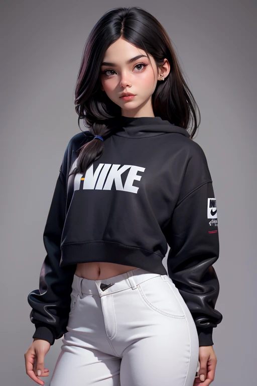 Una chica sexy con cabello rubio, Lleva una sudadera NIKE blanca., y pantalones negros ajustados