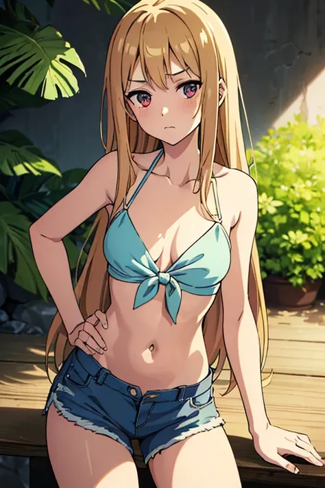 ((best quality)), ((masterpiece)), (detailed), perfect face, 25-year-old sun-kissed skin anime girl in a deep V-neck tied top (bare shoulders), (jean shorts), (long hair), starving, (resting hands on the stomach), (hands on the stomach), (skinny girl), (em...