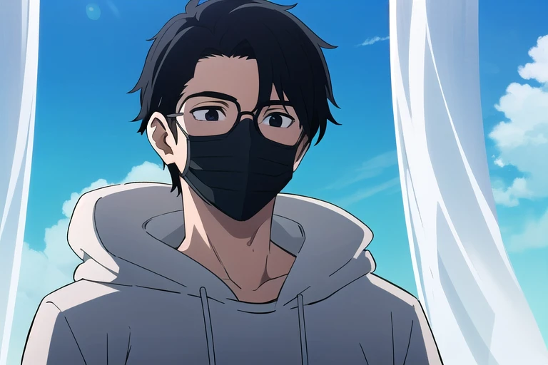 male, black hair, curtained hair, mask, sobretudo preto, oculos, black eyes, blue sky 