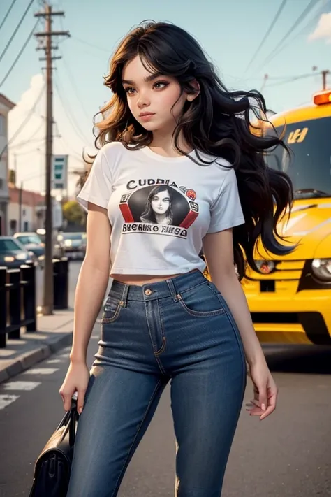 chica de piel blanca, Cuerpo delgado, cabello hasta los hombros, Brown and wavy hair, Brown eyes, cara larga, lunar en la cara cerca de la boca, vaqueros, camiseta benfica, mala preta, al fondo en la calle.