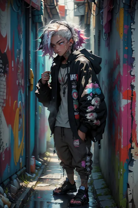 ((long shot, full body: 1.6)), purple: 1.5, orange: 1.1, green: 1.3, White: 1.3, yellow: 1.3, (rapper girl with scary hair, highly detailed eyes and body and beautiful baggy and baggy clothes :1.6), tattoos, (walls with Graffiti: 1.2), flower, Leaves, born...