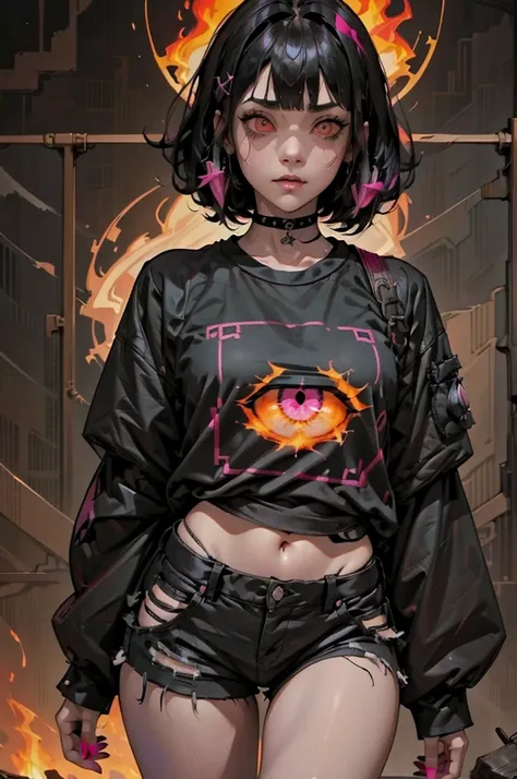 teddy bear、Gothic Punk、、hair ornaments、Black-haired、pink and black colors、Bobcut、black pink shirt、、Black shorts、Blunt bangs、Photorealistic, High resolution, 1 girl, Korean, Eye of Fire、Afterimage of flame seen from the eye
