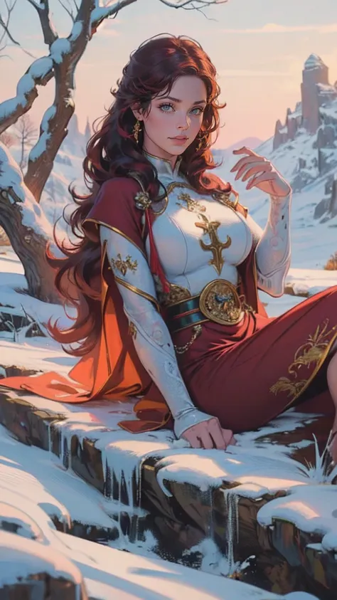 fantasy art, photorealistic, D&D art, larry elmore style, a picture of a female monk sitting cross-legged and meditating on a snowy mountain, on top of a snowy mountain there is a human woman monk wearing monk garbs, meditating near a bonfire (best details...