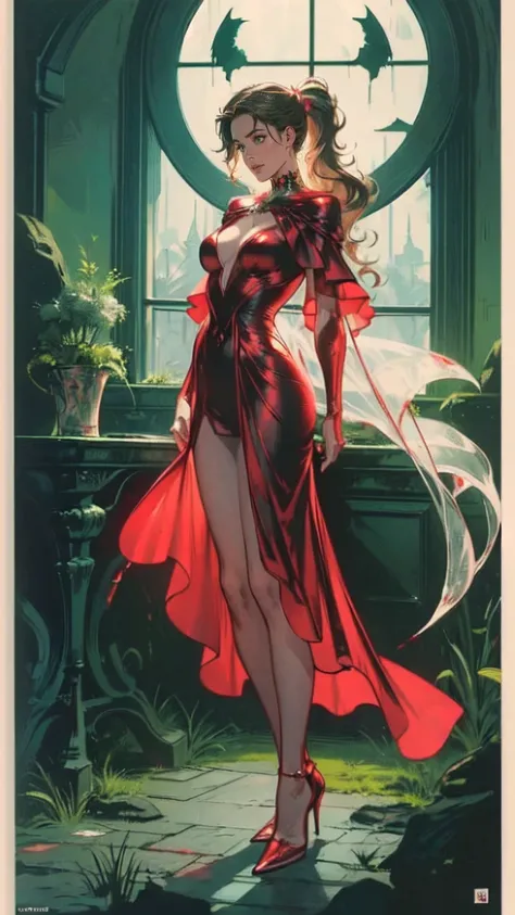 a picture of vampire standing in the front of her home holding a (blood: 1.3) dripping (gift box: 1.5), an exquisite beautiful female vampire in her front door of her home, full body (ultra detailed, Masterpiece, best quality), ultra detailed face (ultra d...