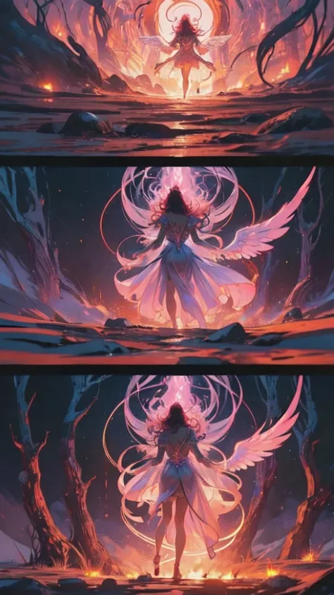 high details, best quality, 16k, [best detailed], masterpiece, best quality, (extremely detailed), a view from the rear of a beautiful angel looking through  a magical portal onto hell, the portal has magical pink magical wards  on it, she sees the fiery h...