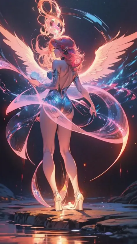 high details, best quality, 16k, [best detailed], masterpiece, best quality, (extremely detailed), a view from the rear of a beautiful angel looking through  a magical portal onto hell, the portal has magical pink magical wards  on it, she sees the fiery h...