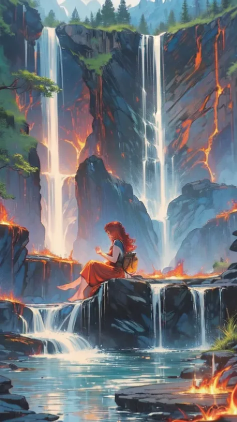 fantasy art, photorealistic, D&D art, a picture of a female monk sitting and meditating near a waterfall, at the base of the waterfall,  there is a human woman monk wearing monk garbs, meditating near a bonfire near an (epic sized waterfall: 1.3), red hair...