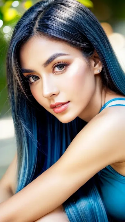 super young model of a 30 year old latin american girl, with lots of blue silky hair, long shiny wavy vibrant blue hair, full bo...