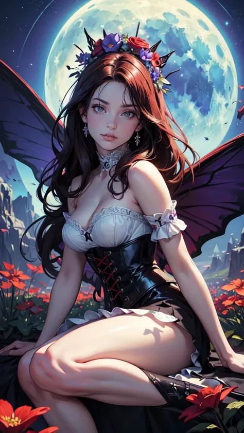 high details, best quality, 16k, RAW, [best detailed], masterpiece, best quality, (extremely detailed), full body, ultra wide shot, photorealistic, dark fantasy art, goth art, RPG art, D&D art, a picture of a dark female fairy resting in a flower meadow, e...