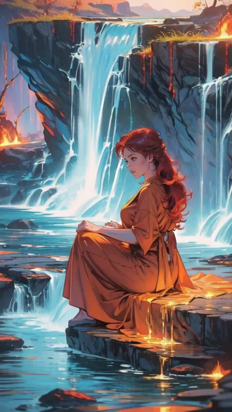 fantasy art, photorealistic, D&D art, a picture of a female monk sitting and meditating near a waterfall, at the base of the waterfall,  there is a human woman monk wearing monk garbs, meditating near a bonfire near an (epic sized waterfall: 1.3), red hair...