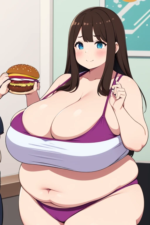 make brownhaired sbbw fat girl while she eating more and more fastfood in bikini