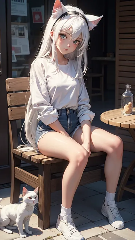 1girl, ebenya, looking at viewer, white hair, neko, cat ears, cat tail, white shirt, shorts, open clothes, russian city, ba-shiroko, sitting down