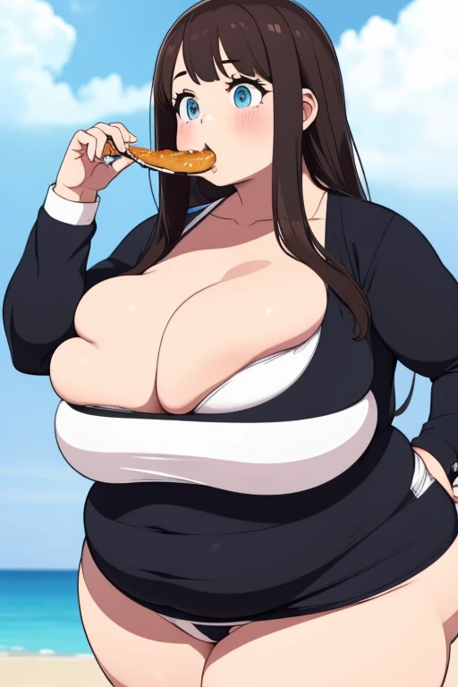 make brownhaired ssbbw fat girl and she eating more all fastfood in ripped bikini on beach