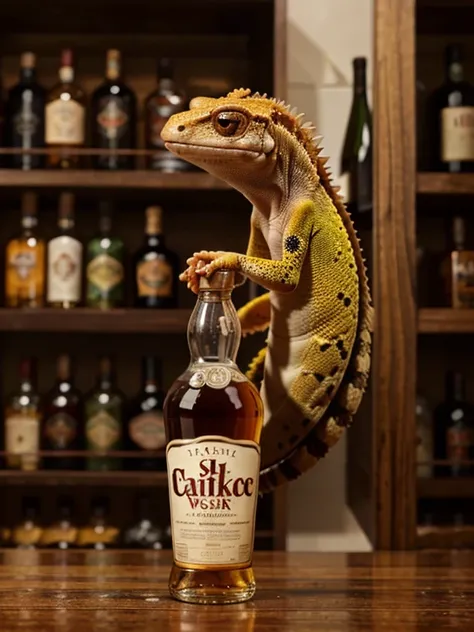 A gecko paste holding a bottle of whiskey 