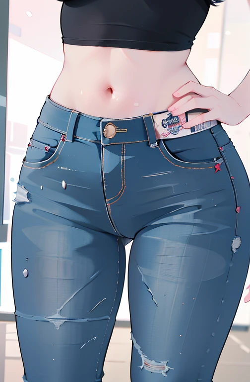 (Hinata Hyuuga, muito sensual, com roupas apertadas, bunda grande, pernas grossas, Vestindo jeans extremamente apertado, usando uma mini blusa, umbigo com pirsing, cabelo grande, Speaker behind, muito realista, extremamente sexy, 8k, 8k extremamente detalh...