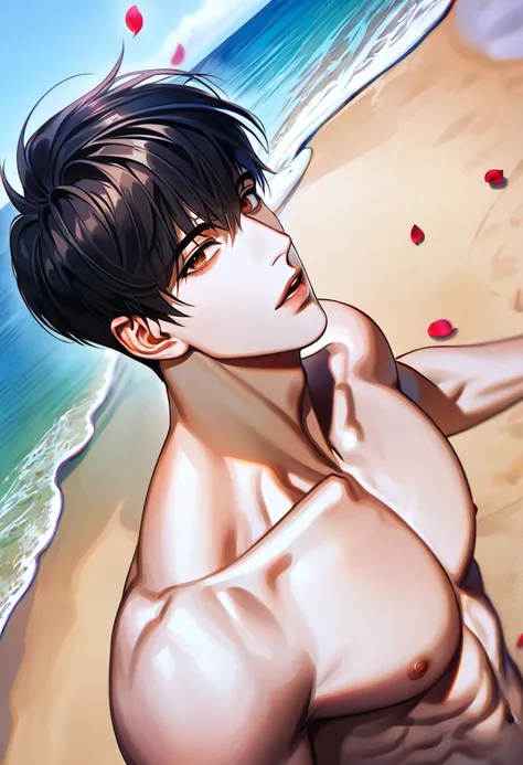 (absurdres, highres, ultra detailed, HDR) master piece, best quality, perfect face, delicated features, Kim Dokja, black hair, expressive brown eyes, Omniscient readers viewpoint, solo, sexy man, handsome, bare chest, sea, beach, petals