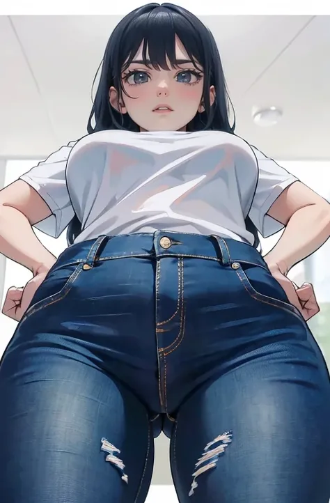 (Hinata Hyuuga, muito sensual, com roupas apertadas, bunda grande, pernas grossas, Vestindo jeans extremamente apertado, usando uma mini blusa, umbigo com pirsing, cabelo grande, Speaker behind, muito realista, extremamente sexy, 8k, 8k extremamente detalh...