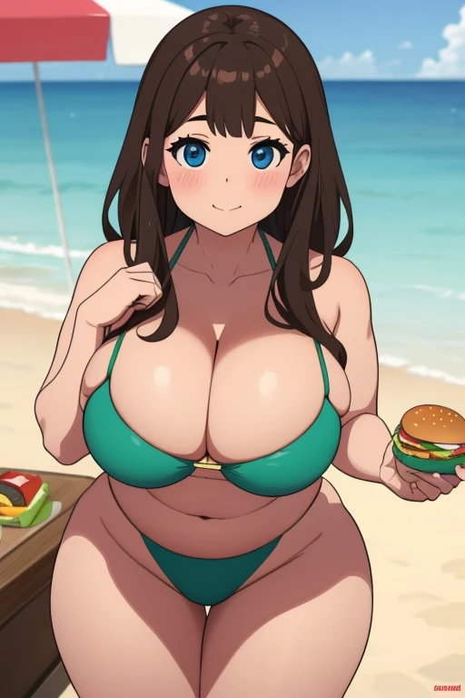 make brownhaired ssbbw fat girl and she stuffing more fastfood in too small bikini on beach