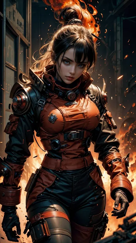 a sexy fire fighter, anime style. walking through a building on fire, rotten and burnt, (traje de bombero, traje de bombero:1.4)...