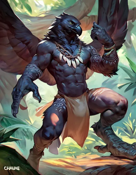 score_9, score_8_up, score_7_up, score_6_up, (solp), anthro male avian wearing a loincloth, proud serious expression, tribal, muscular, sharp beak, wings on back, standing, jungle hut, black feathers, tattoos, chief, warrior, digitigrade, by chunie,