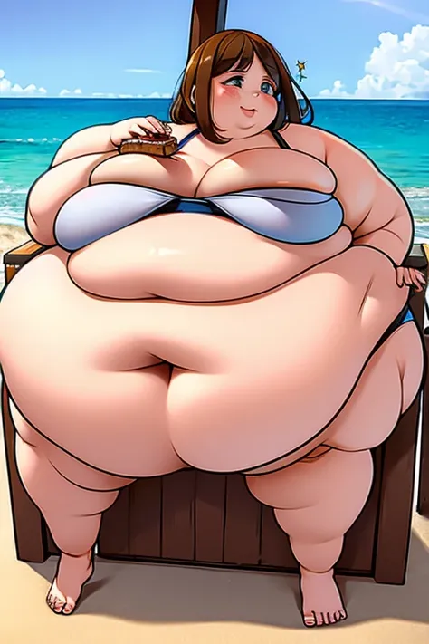 make brownhaired ssbbw fat girl and she stuffing more fastfood in too small bikini on beach