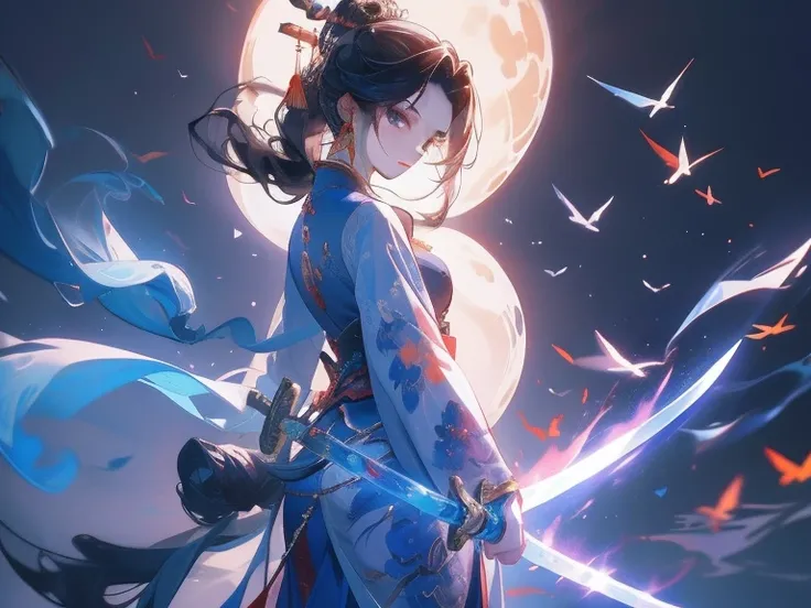 Girl with a sword，Stand on a bridge in the moonlight，Background Chinese style。His facial features are delicate，Best image quality，Delivering masterpiece results，The image is clear and sharp，Ultra HD 4K resolution