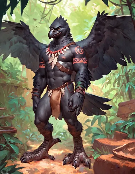 score_9, score_8_up, score_7_up, score_6_up, (solp), anthro male avian wearing a loincloth, proud serious expression, tribal, muscular, sharp beak, wings on back, standing, jungle hut, black feathers, tattoos, chief, warrior, digitigrade, by taran fiddler