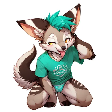 Anthropomorphic male opposum, yellow eyes, twirl tail, fullbody view, solo, on knees, white background, digital art, lifting his shirt, different views, wearing a teal t-shirt and long teal socks with white stripes and a teal panties, looking at viewer, on...