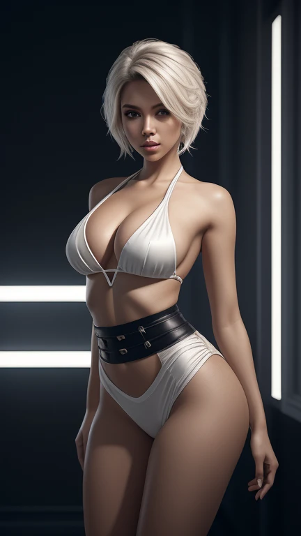 waist up pose , upper knees pose , sexy glamorous seductimalay woman, seductive tall sexy slim curvy body female, short sexy white hair, dynamic pose, elegant pose, bright colors, nightclub background, abstract beauty, near perfection, detail skin texture ...