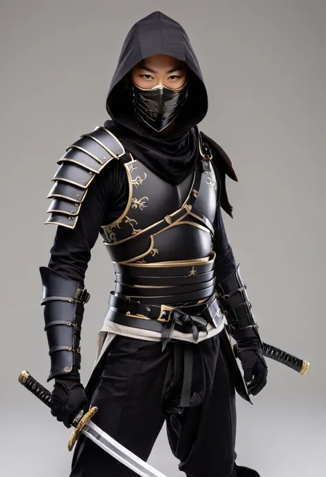 ninja, 1girl, solo, upbody, looking at viewer, gloves, male focus, black gloves, sword, hood, armor, mask, katana, shoulder armor, mouth mask, japanese armor, simple background, masterpiece, best quality