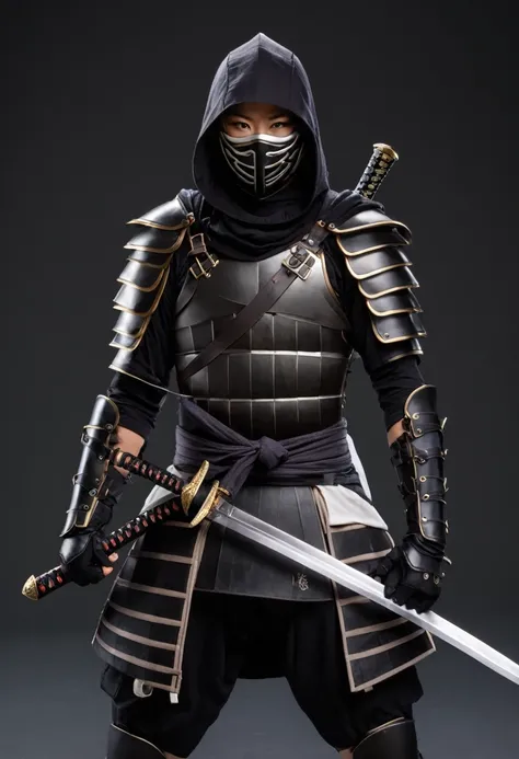 ninja, 1girl, solo, upbody, looking at viewer, gloves, male focus, black gloves, sword, hood, armor, mask, katana, shoulder armor, mouth mask, japanese armor, simple background, masterpiece, best quality