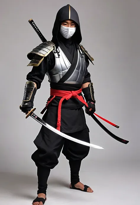 anime realism, ninja, 1girl, solo, upbody, looking at viewer, gloves, male focus, black gloves, sword, hood, armor, mask, katana, shoulder armor, mouth mask, japanese armor, simple background, masterpiece, best quality