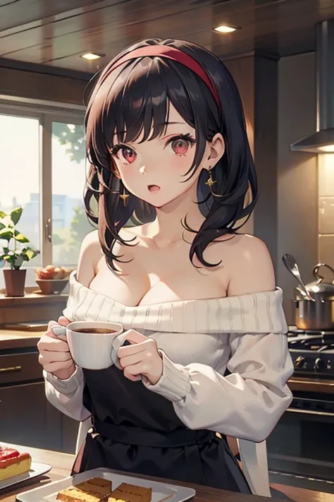 masterpiece, 1girl, Amazing Cleavage:1.3, thin waist, big ass, Raised sexy, medium breast:1.3,posed cleavage:1.2,solo, looking at viewer, open mouth, have a cup of coffee,black hair, red eyes, dress, bare shoulders, jewelry, collarbone, sidelocks, hairband...