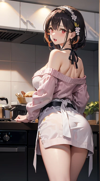 masterpiece, 1girl, Amazing Cleavage:1.3, thin waist, big ass, Raised sexy, medium breast:1.3,posed cleavage:1.2,solo, looking at viewer, open mouth, have a cup of coffee,black hair, red eyes, dress, bare shoulders, jewelry, collarbone, sidelocks, hairband...