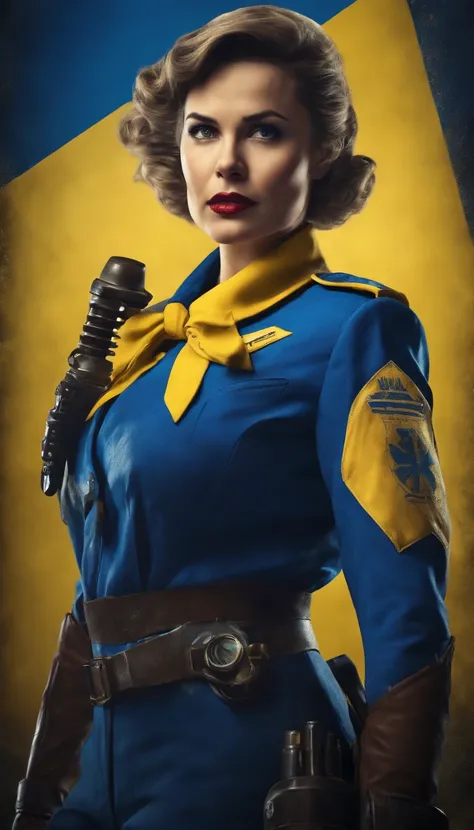 Fallout female character, with classic blue and yellow uniform suit, fiftyes poster of nuka-Cola pinup style, Post apocalyptic background 