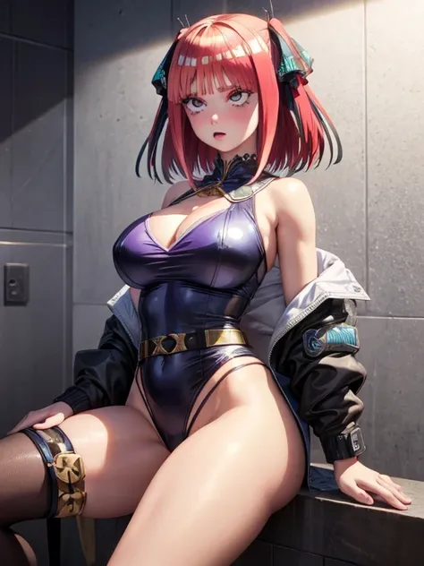 (masterpiece:1.4), highest quality, High resolution, lu1, cyborg, Multicolored Hair, compensate, Exposing shoulders, Black leotard, High leg leotard, (String:1.1), White jacket, Open jacket, belt, Shorts, Cowboy Shot, cyber punk, squat, wall, Abdominal mus...