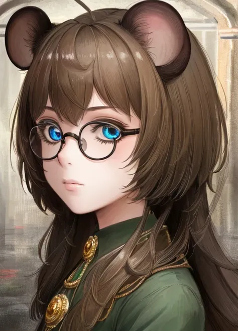 ((best quality)), ((highly detailed)), masterpiece, extremely detailed face, beautiful face, (detailed eyes, deep eyes), (1girl), (glasses), upper body, (rat girl), rat ears, rat tail, Glitching, glitch