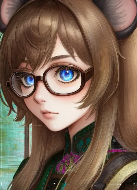 ((best quality)), ((highly detailed)), masterpiece, extremely detailed face, beautiful face, (detailed eyes, deep eyes), (1girl), (glasses), upper body, (rat girl), rat ears, rat tail, Glitching, glitch