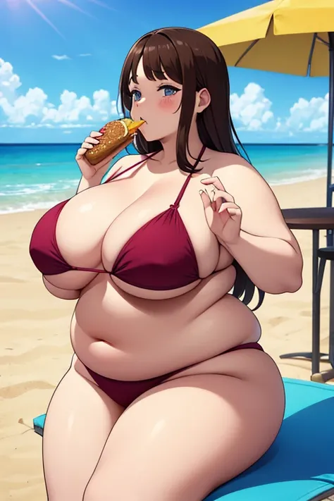 make brownhaired ssbbw fat girl and she stuffing more fastfood in too small bikini on beach