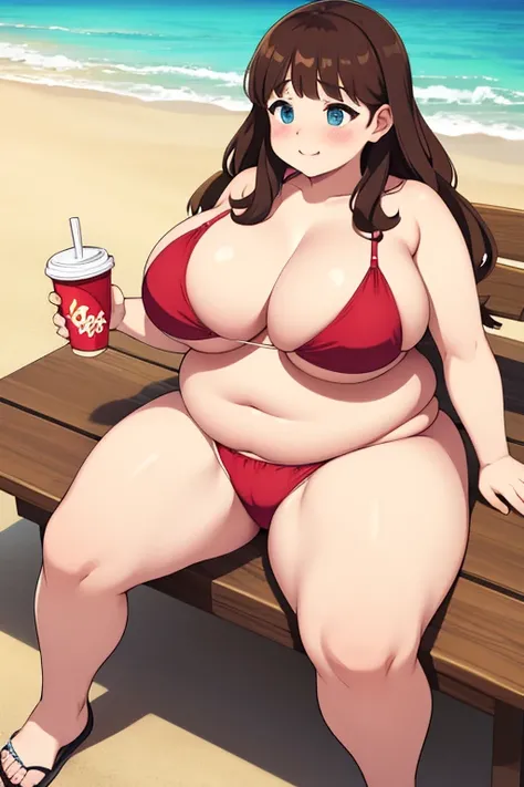 make brownhaired ssbbw fat girl and she stuffing more fastfood in too small bikini on beach