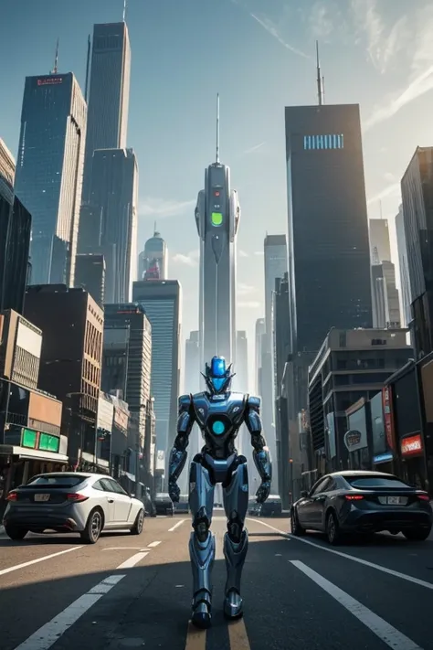 The image shows a robotic figure standing in an urban environment. The robot is wearing a silver suit and has a blue visor on its head. It appears to be a futuristic, metallic character, perhaps from a video game or science fiction film. The cityscape arou...