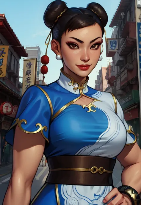 chun li, double bun,  black hair, brown eyes,  
chinese clothes, spiked bracelet, bun cover, earrings , 
standing, upper body,  ...