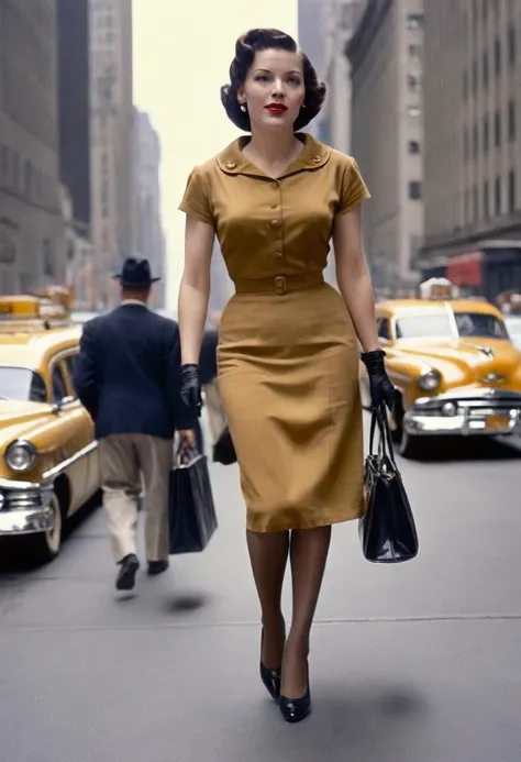 A woman walks down New Yorks 5th Avenue in the 1950s. (((She is wearing a tight calf-length sheath dress))), typical of the time, ((tan nylon stockings with seams:1.4)), handbag. Camera perspective from behind, Ballantyne, (close up legs:1.5), (((350mm,)))...