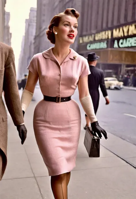 a woman walks down new york's 5th avenue in the 1950s. (((she is wearing a tight calf-length sheath dress))), typical of the tim...