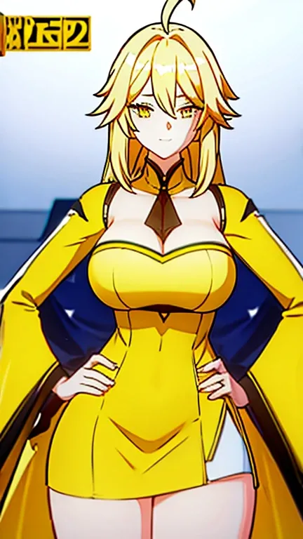 1 girl, yellow hair, long ahoge, yellow eyes, a charismatic smile, hands on her hips, big breasts, short white and yellow dress, 22 years old, white skin tone