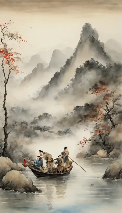 In Chinese landscape painting、Use ink and watercolor styles、We produce it by adding ink on the screen、Depicting detailed scenery from far to ultra-wide angles.。A light boat is floating in the distance、Meticulous attention to detail tarnished、Desaturated an...